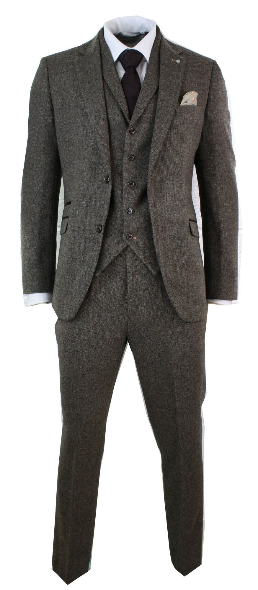 Mens 3 Piece Wool Blend Herringbone Tweed Suit Brown Vintage Tailored Fit Tan