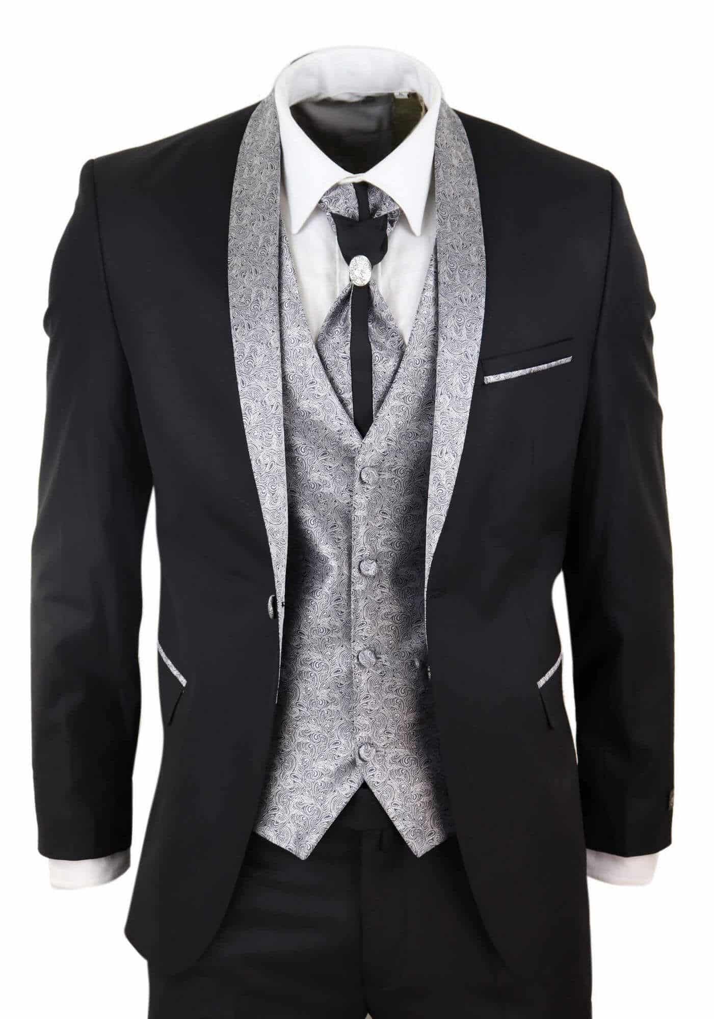Mens 4 Piece Shawl Lapel Suit - Black/Silver