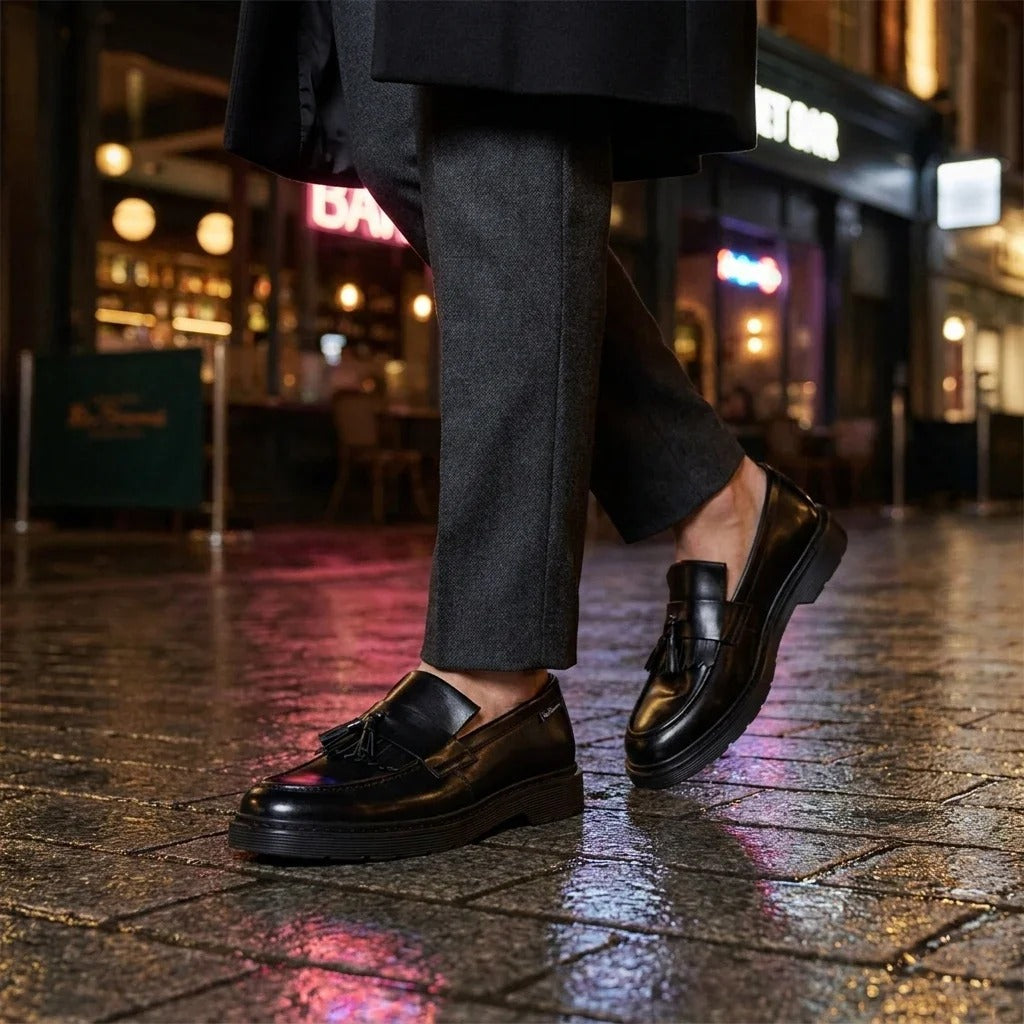Men's Black Leather Chunky Sole Tassel Loafer Shoes