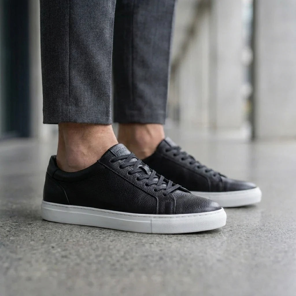 Men's Black Leather Lace-Up Casual Sneakers