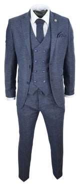 Mens Blue 3 Piece Suit with Double Breasted Waistcoat