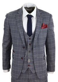 Mens Blue Grey Checkered 3 Piece Suit
