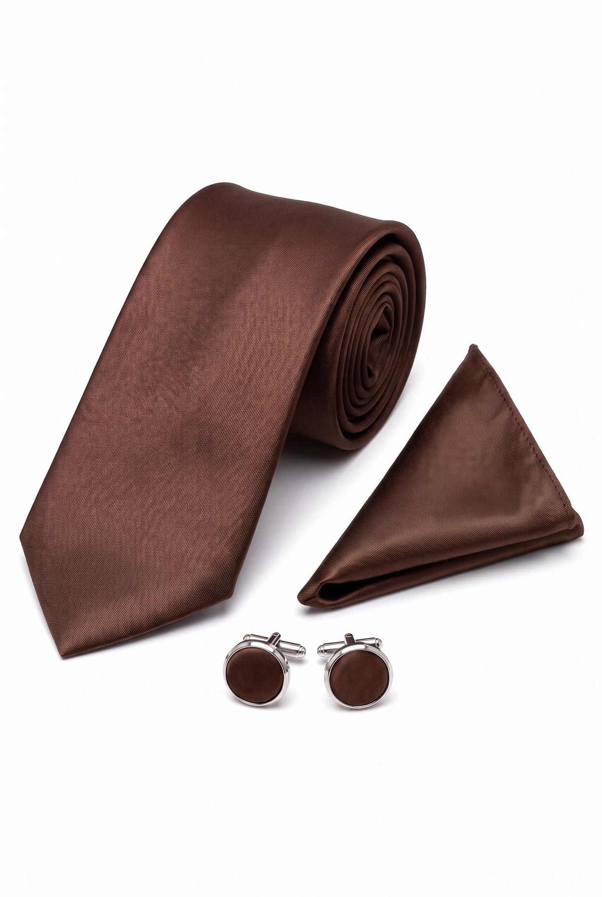 Men’s Brown Tie Set with Pocket Square and Cufflinks