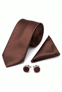 Men’s Brown Tie Set with Pocket Square and Cufflinks