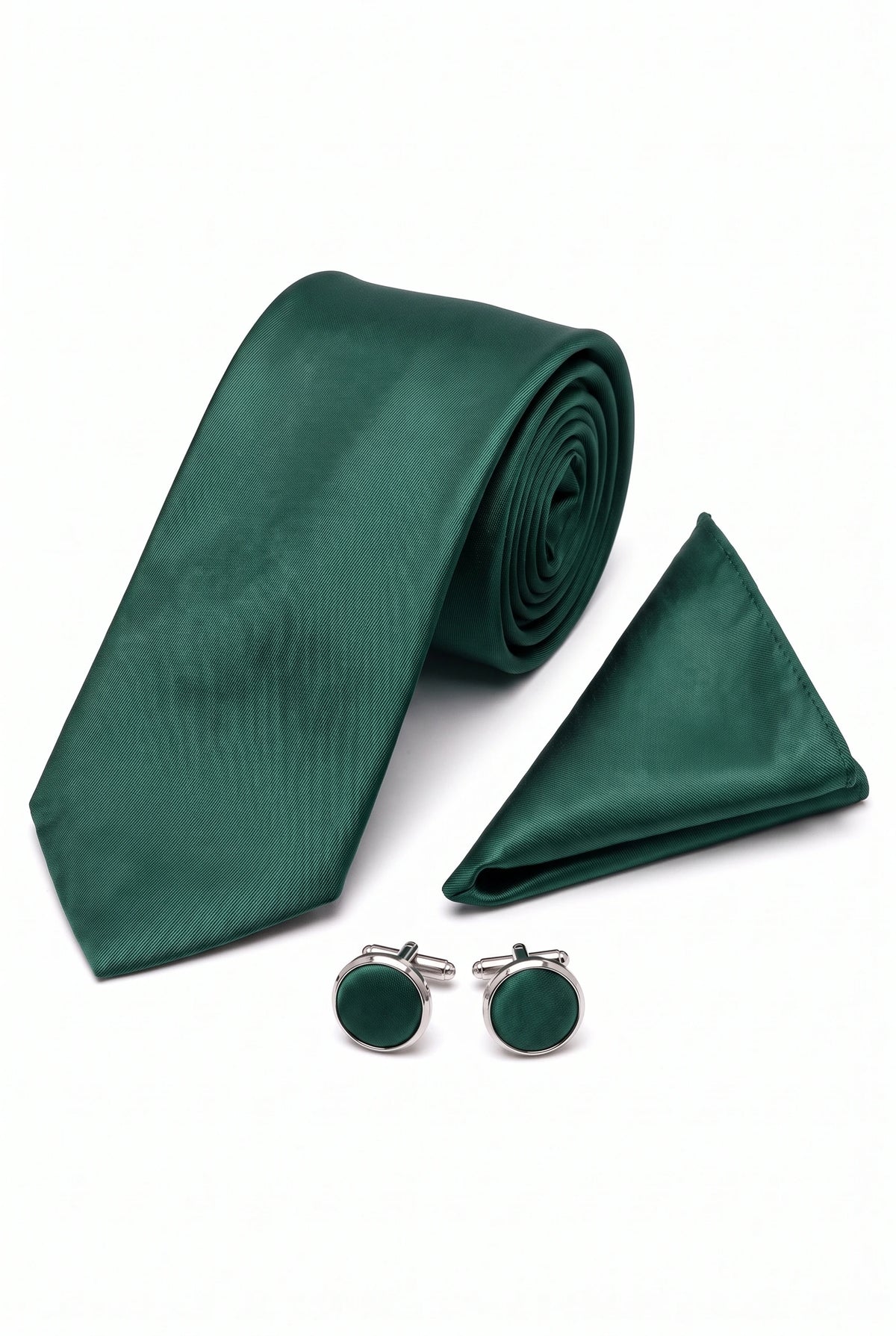 Men’s Forest Green Tie Set with Pocket Square and Cufflinks