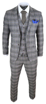 Mens Grey 3 Piece Tweed Check Suit