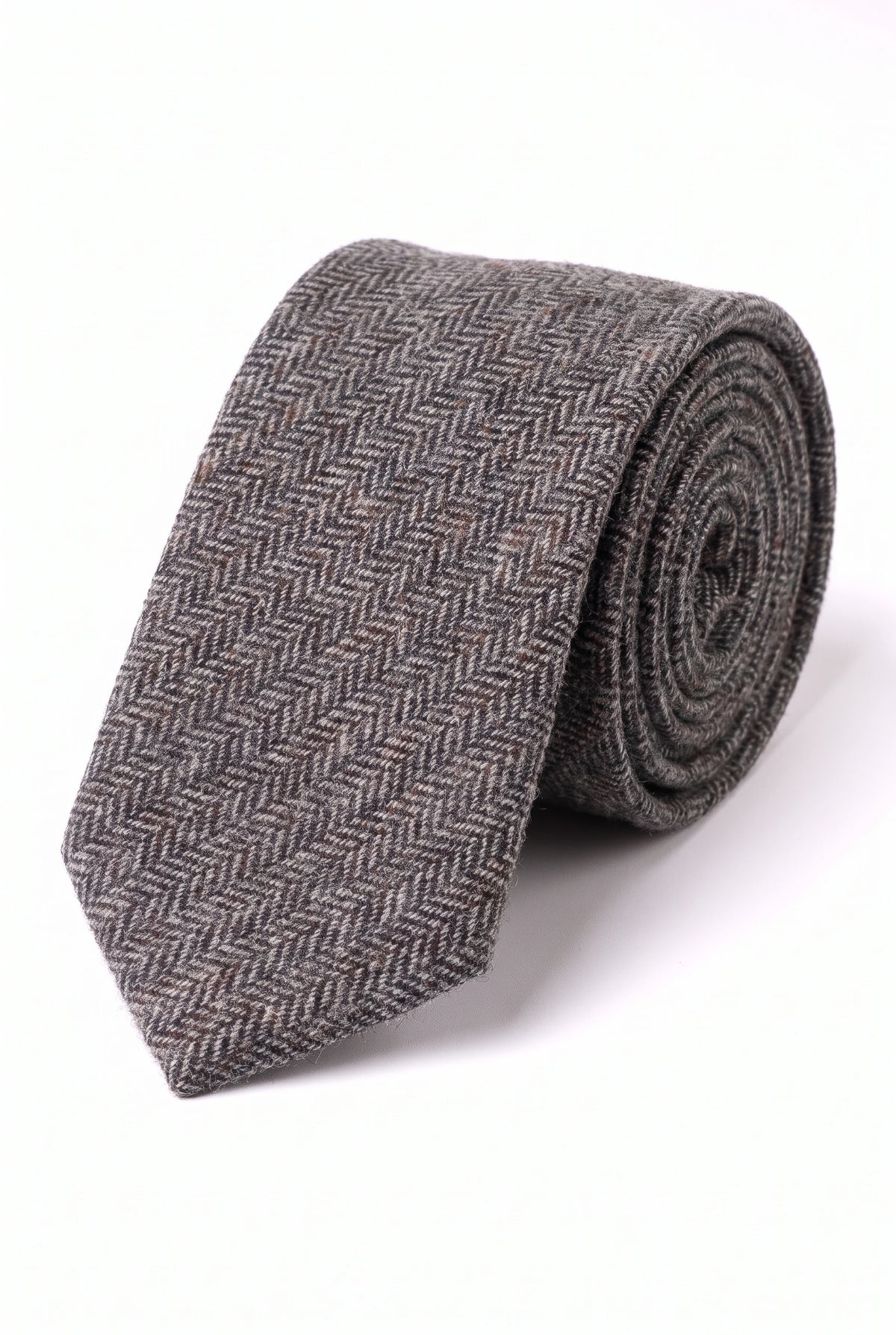Men’s Grey Herringbone Check Wool Blend Tweed Tie