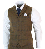 Mens Herringbone Tweed Check 3 Piece Wool Suit Peaky Blinders - Tan Brown