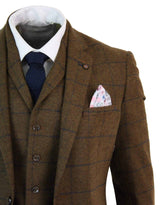 Mens Herringbone Tweed Check 3 Piece Wool Suit Peaky Blinders - Tan Brown