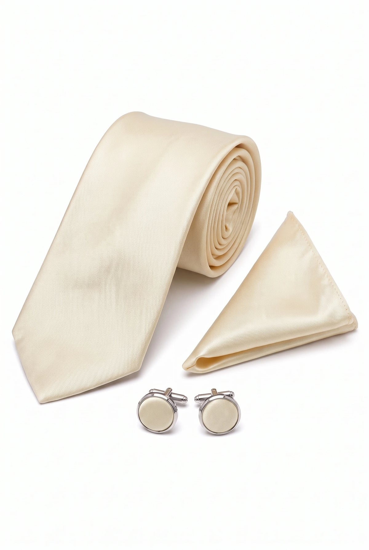 Men’s Ivory Tie Set with Pocket Square and Cufflinks