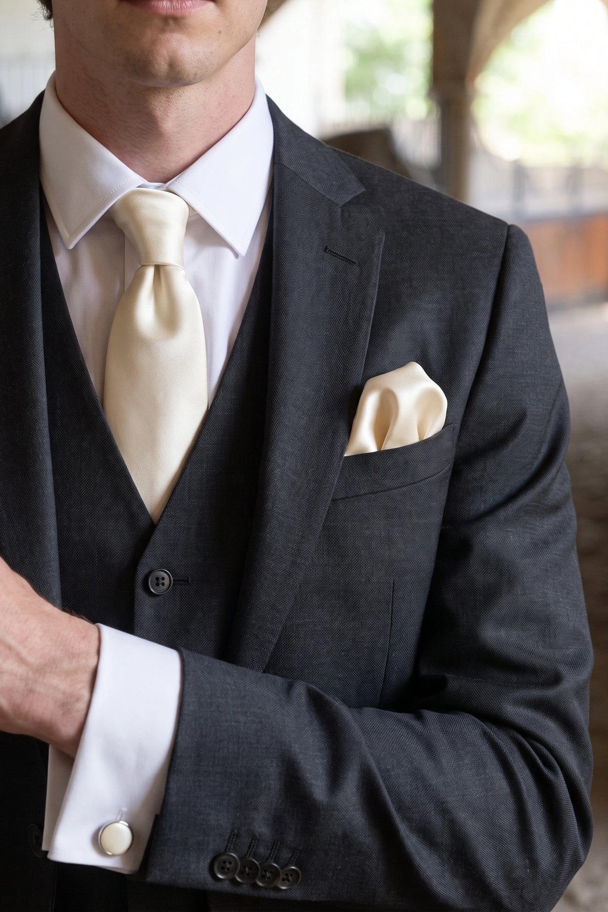 Men’s Ivory Tie Set with Pocket Square and Cufflinks