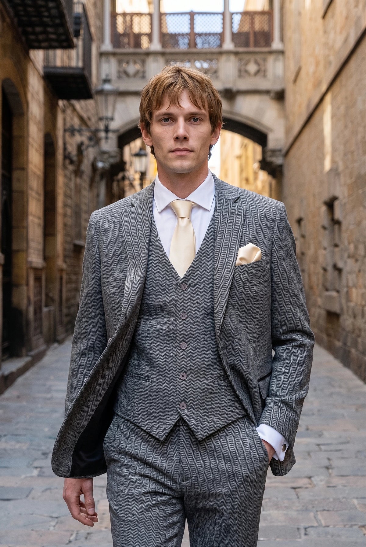 Men’s Ivory Tie Set with Pocket Square and Cufflinks
