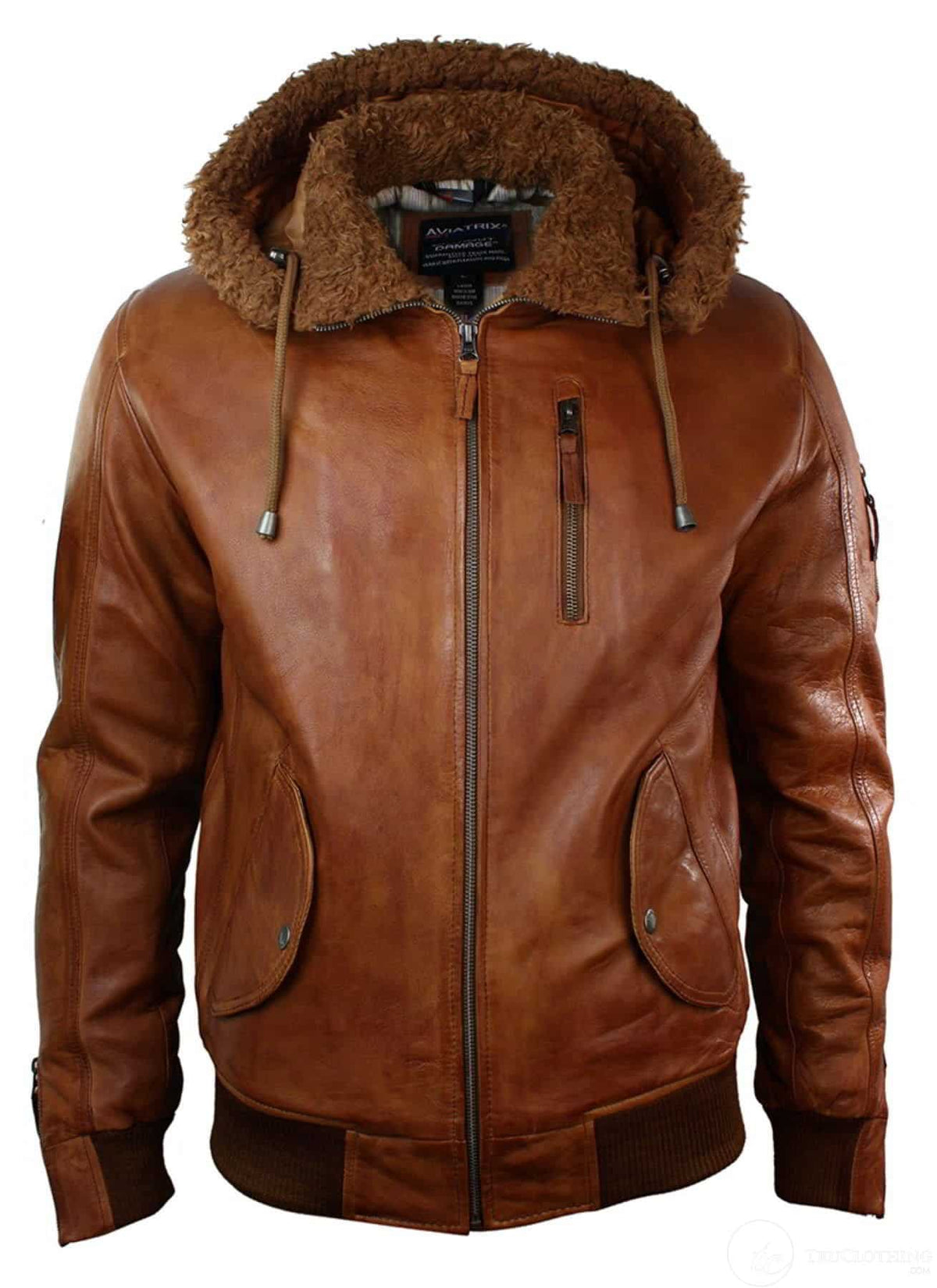 Mens Real Leather Hood Fur Jacket Bomber Aviator Vintage Brown Retro-Tan