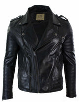 Real Leather Cross Zip Vintage Retro Mens Biker Jacket Black Urban Slim Fit-XXXL-Black