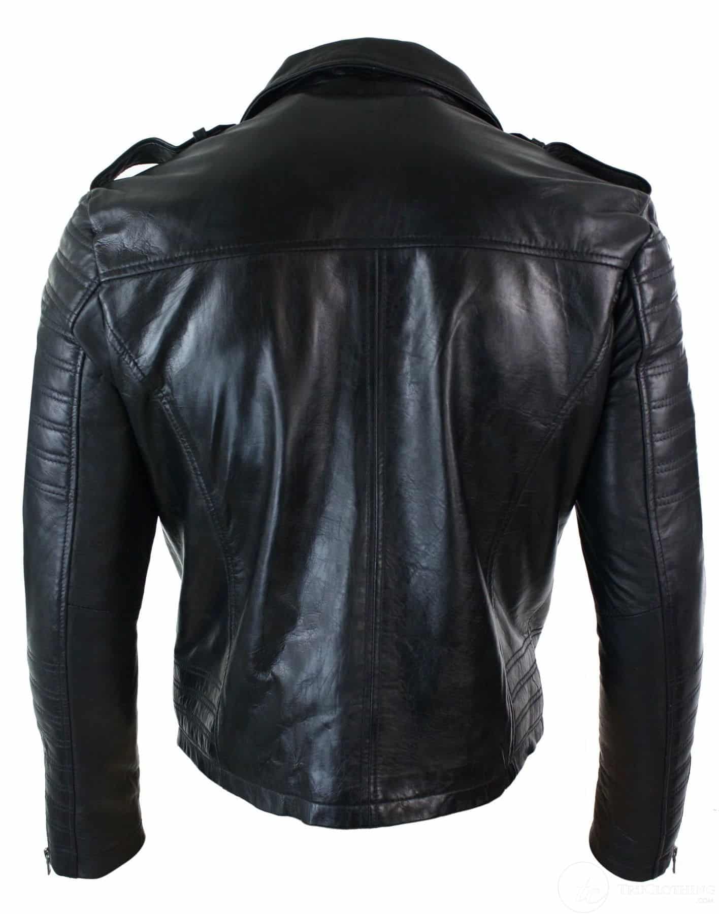 Real Leather Cross Zip Vintage Retro Mens Biker Jacket Black Urban Slim Fit-XXXL-Black