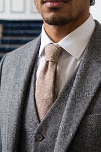 Men’s Light Brown Herringbone Wool Blend Tweed Tie