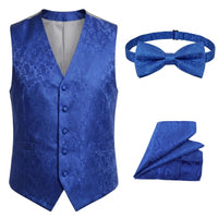 Men's Paisley Floral 3 Piece Bow Tie Hankie Waistcoat Set - Blue