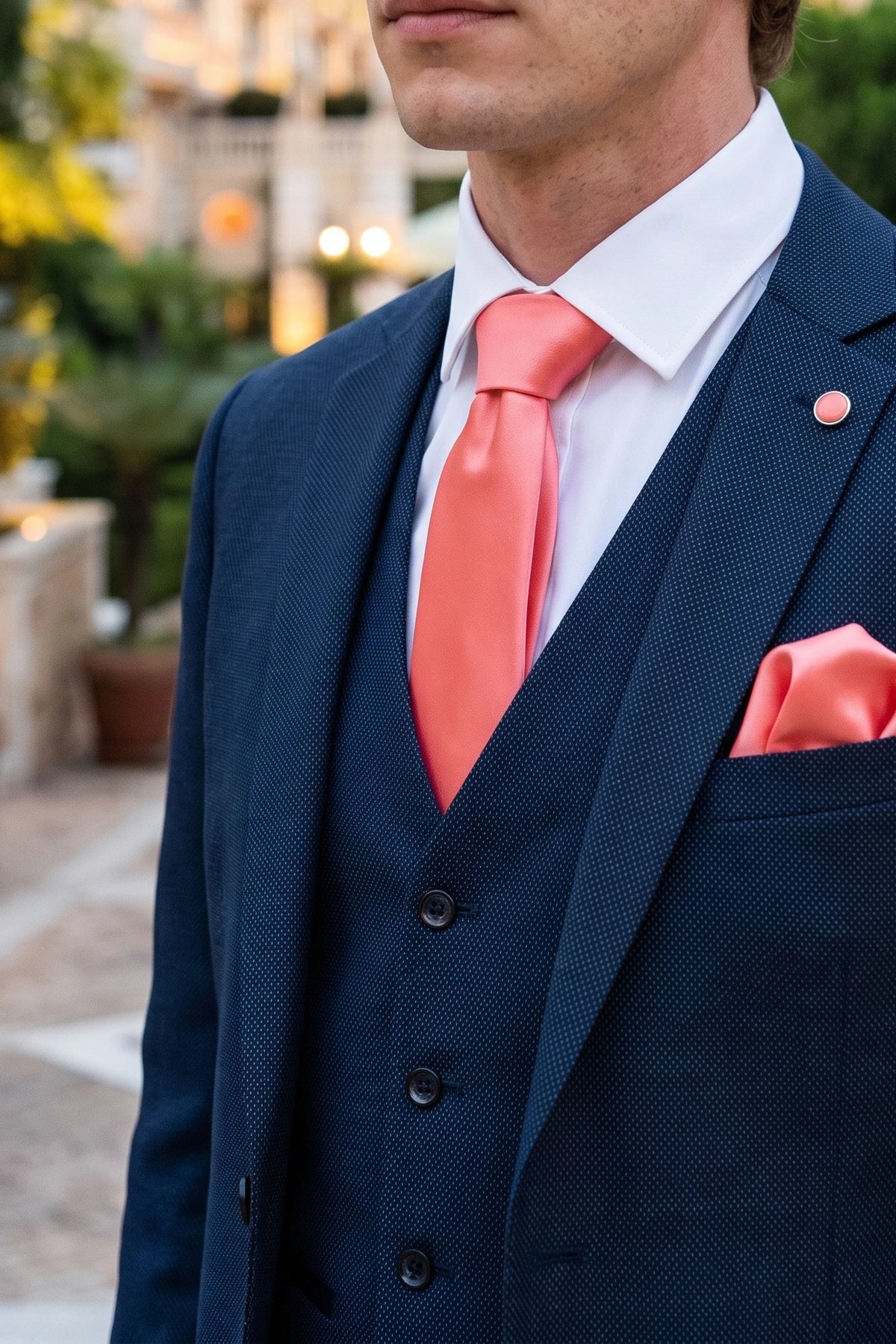 Men’s Peach Tie Set with Pocket Square and Cufflinks