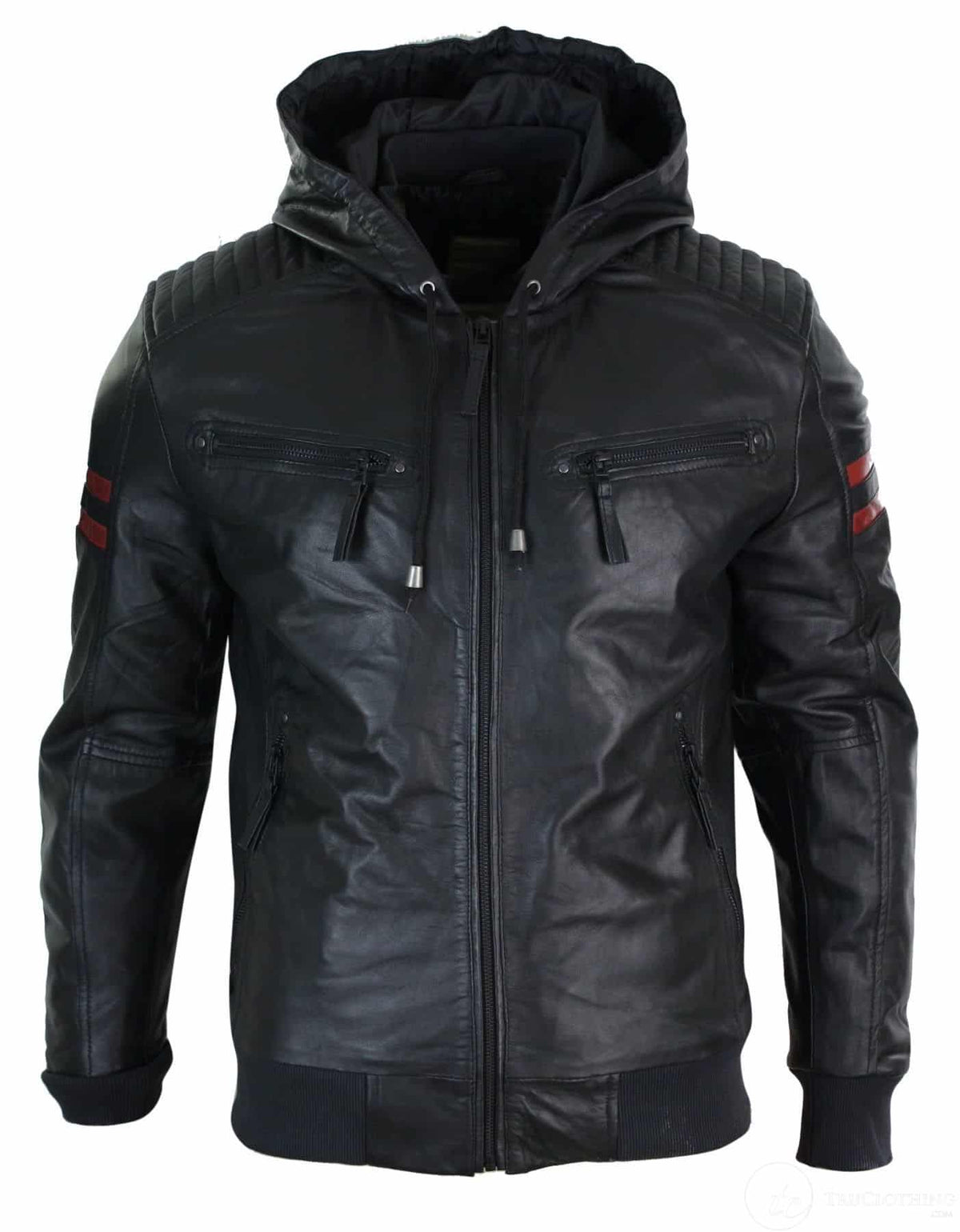 Mens Black Hood Real Leather Bomber Jacket Red Stripes Quilted Slim Fit Casual