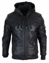 Mens Black Hood Real Leather Bomber Jacket Red Stripes Quilted Slim Fit Casual