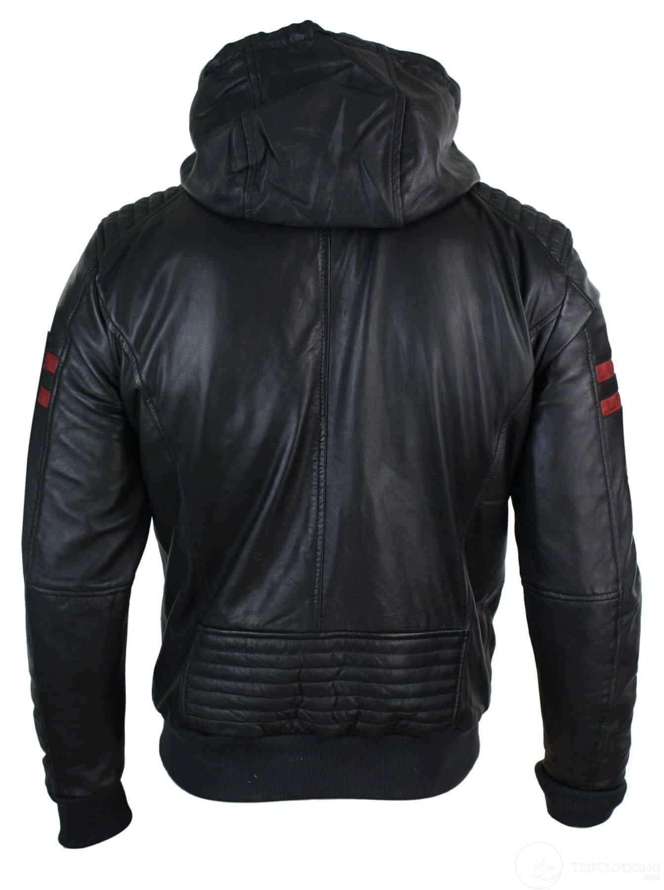 Mens Black Hood Real Leather Bomber Jacket Red Stripes Quilted Slim Fit Casual