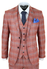 Mens Red 3 Piece Tweed Check Suit