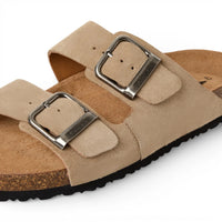 Men's Sand Beige Leather Slip-On Footbed Slipper Sandals