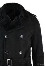 Mens Sherling Sheepskin Black Grey Double Breasted Belted 3/4 Overcoat