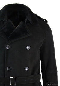 Mens Sherling Sheepskin Black Grey Double Breasted Belted 3/4 Overcoat