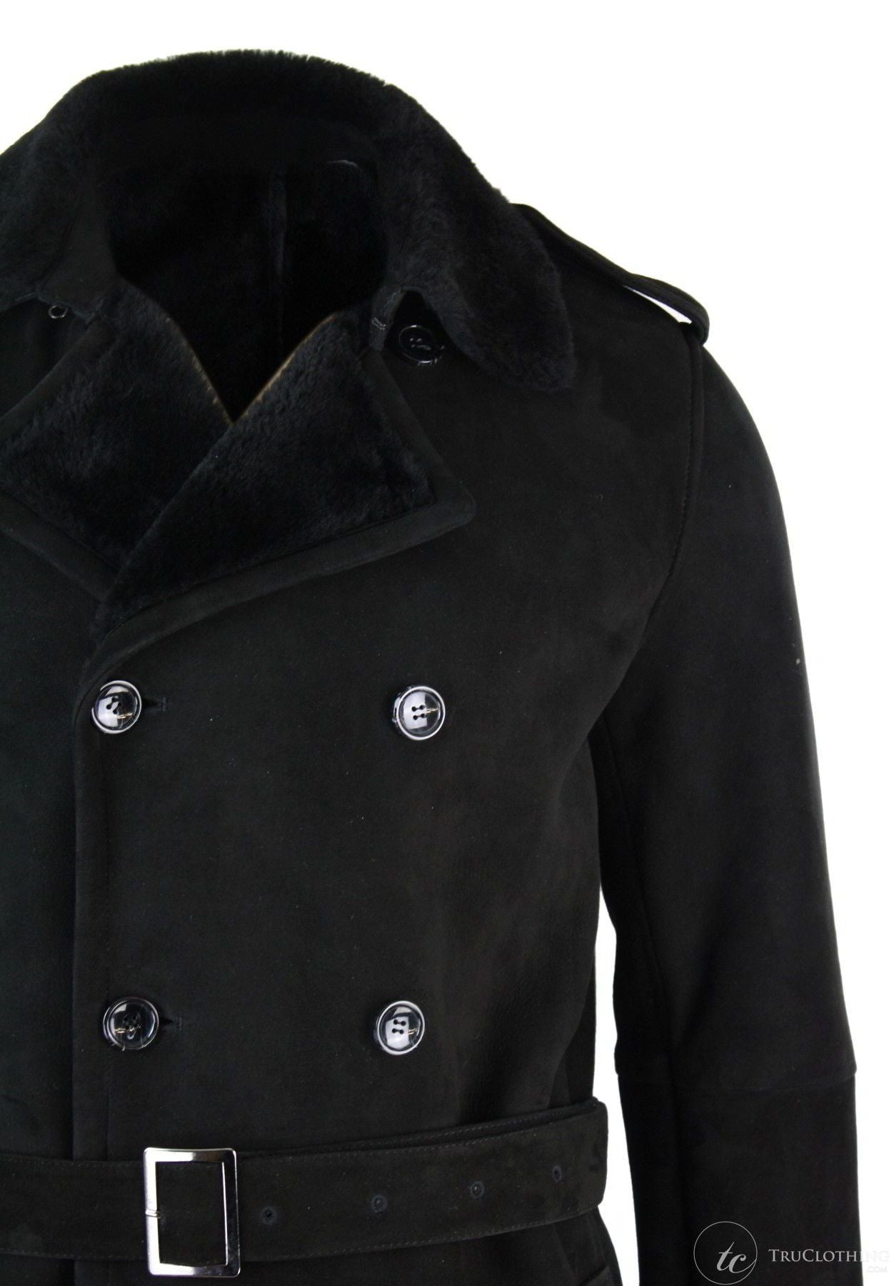 Mens Sherling Sheepskin Black Grey Double Breasted Belted 3/4 Overcoat