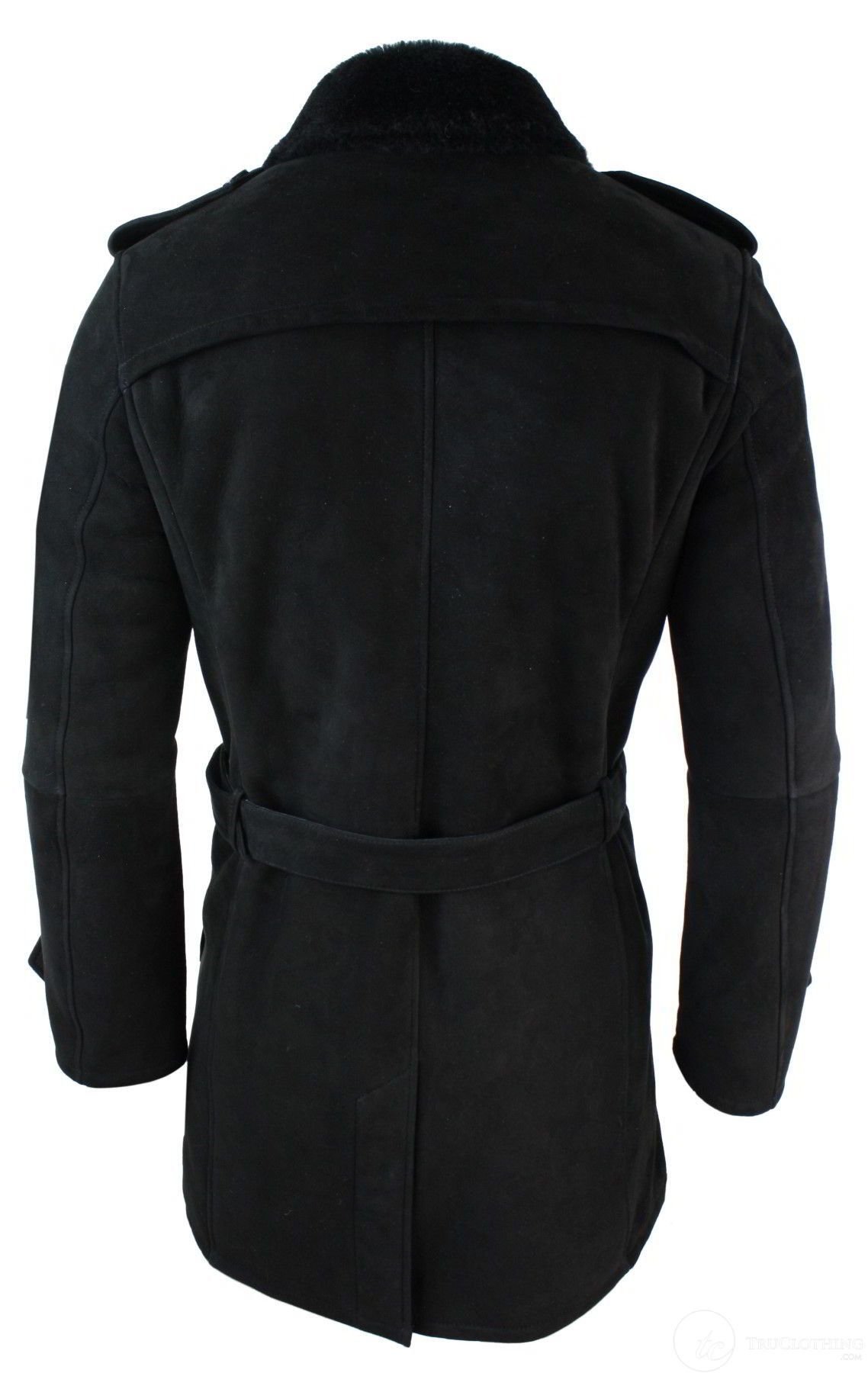 Mens Sherling Sheepskin Black Grey Double Breasted Belted 3/4 Overcoat