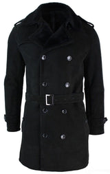 Mens Sherling Sheepskin Black Grey Double Breasted Belted 3/4 Overcoat
