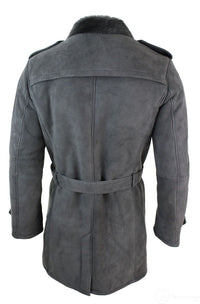 Mens Sherling Sheepskin Black Grey Double Breasted Belted 3/4 Overcoat