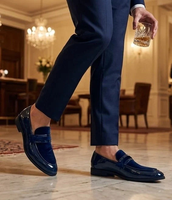 Men's Slip On Vegan Leather Velvet Detailed Patent Loafers