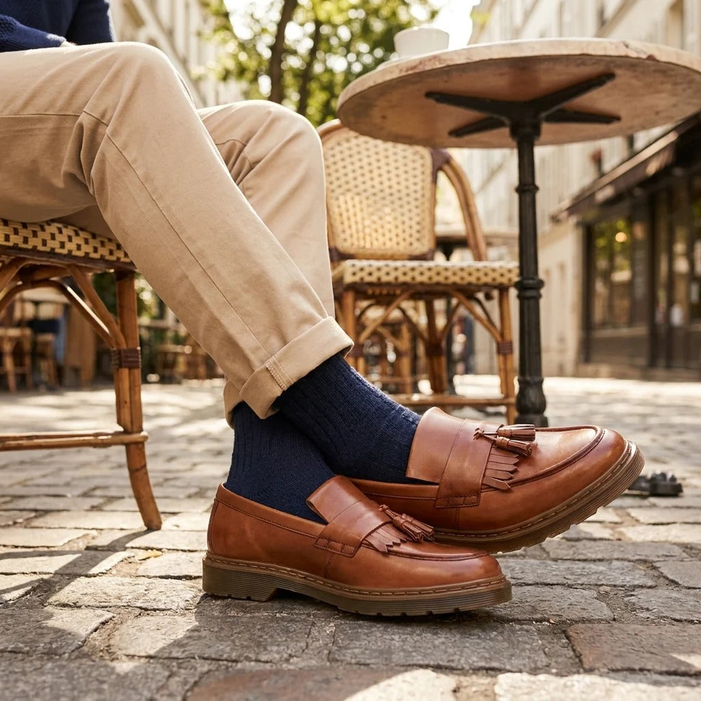 Men's Tan Brown Leather Chunky Sole Tassel Loafer Shoes