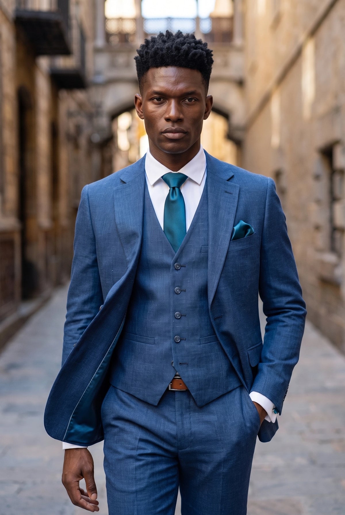 Men’s Teal Tie Set with Pocket Square and Cufflinks