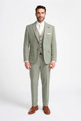 Mens 3 Piece Suit Sage Green Summer Linen Tailored Fit Wedding Prom Classic