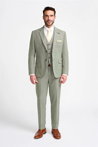 Mens 3 Piece Suit Sage Green Summer Linen Tailored Fit Wedding Prom Classic