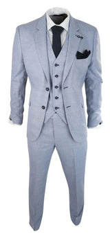 Mens 3 Piece Suit Light Blue Summer Linen Tailored Fit Wedding Prom Classic