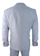 Mens 3 Piece Suit Light Blue Summer Linen Tailored Fit Wedding Prom Classic