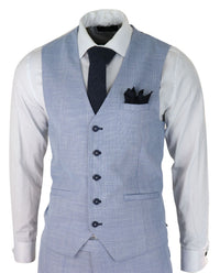 Mens 3 Piece Suit Light Blue Summer Linen Tailored Fit Wedding Prom Classic