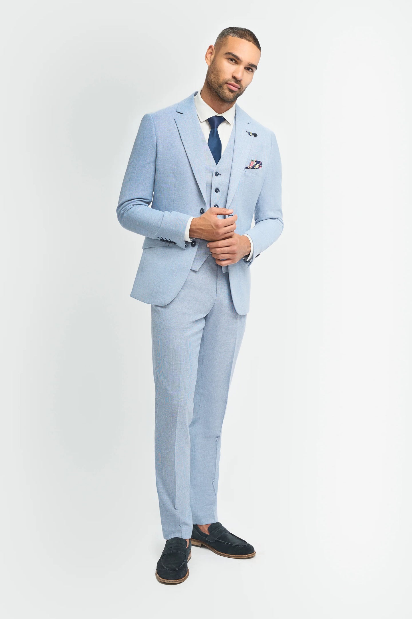 Mens 3 Piece Suit Light Blue Summer Linen Tailored Fit Wedding Prom Classic