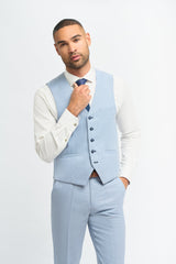 Mens 3 Piece Suit Light Blue Summer Linen Tailored Fit Wedding Prom Classic