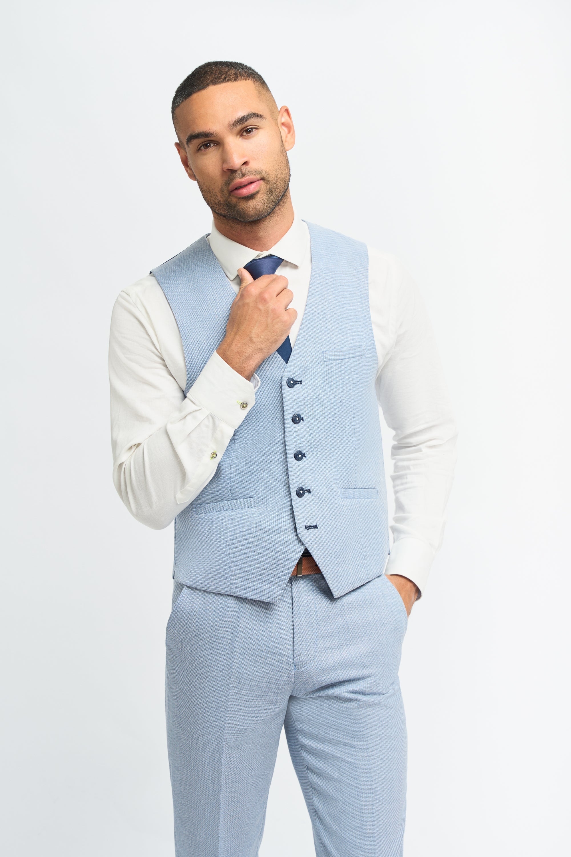 Mens 3 Piece Suit Light Blue Summer Linen Tailored Fit Wedding Prom Classic