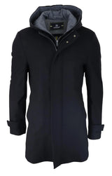 Mens 3/4 Long Overcoat Black Jacket Coat Removable Hood Smart Casual Winter Warm Wool