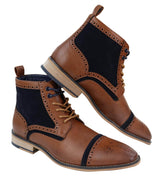 Mens Tan/Navy Leather & Velvet Akle Boots