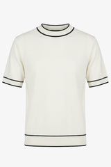 Men’s Off White Knitted T Shirt Regular Fit Contrast Trim Crew Neck Top