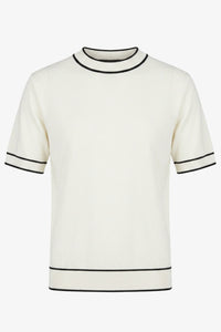Men’s Off White Knitted T Shirt Regular Fit Contrast Trim Crew Neck Top
