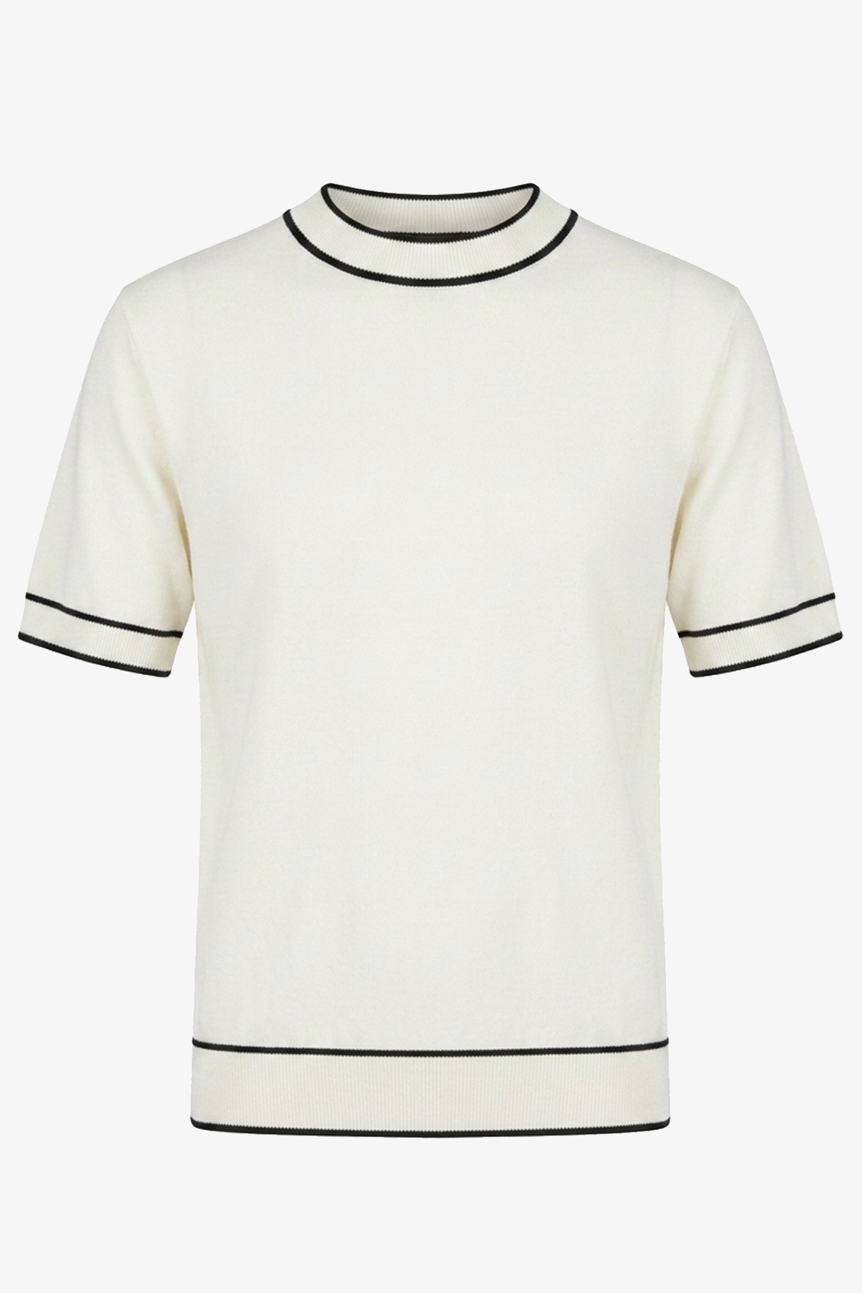 Men’s Off White Knitted T Shirt Regular Fit Contrast Trim Crew Neck Top