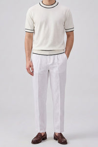 Men’s Off White Knitted T Shirt Regular Fit Contrast Trim Crew Neck Top